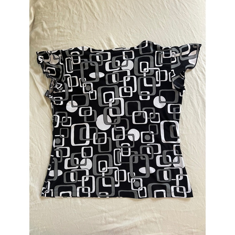 Y2K Black Gray Geometric Print Lace Trim Surplice Flutter Sleeve Top Medium - Picture 2 of 5